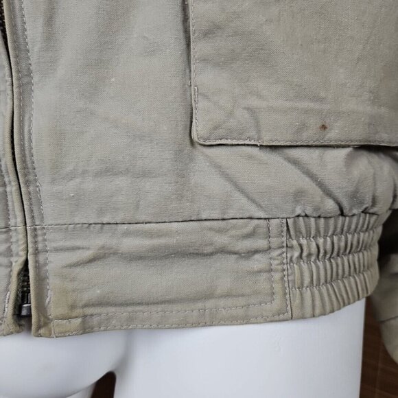 Vintage LL Bean Chore Jacket Mens L Leather Collar Beige Canvas Quilt Lined Work - Picture 11 of 13